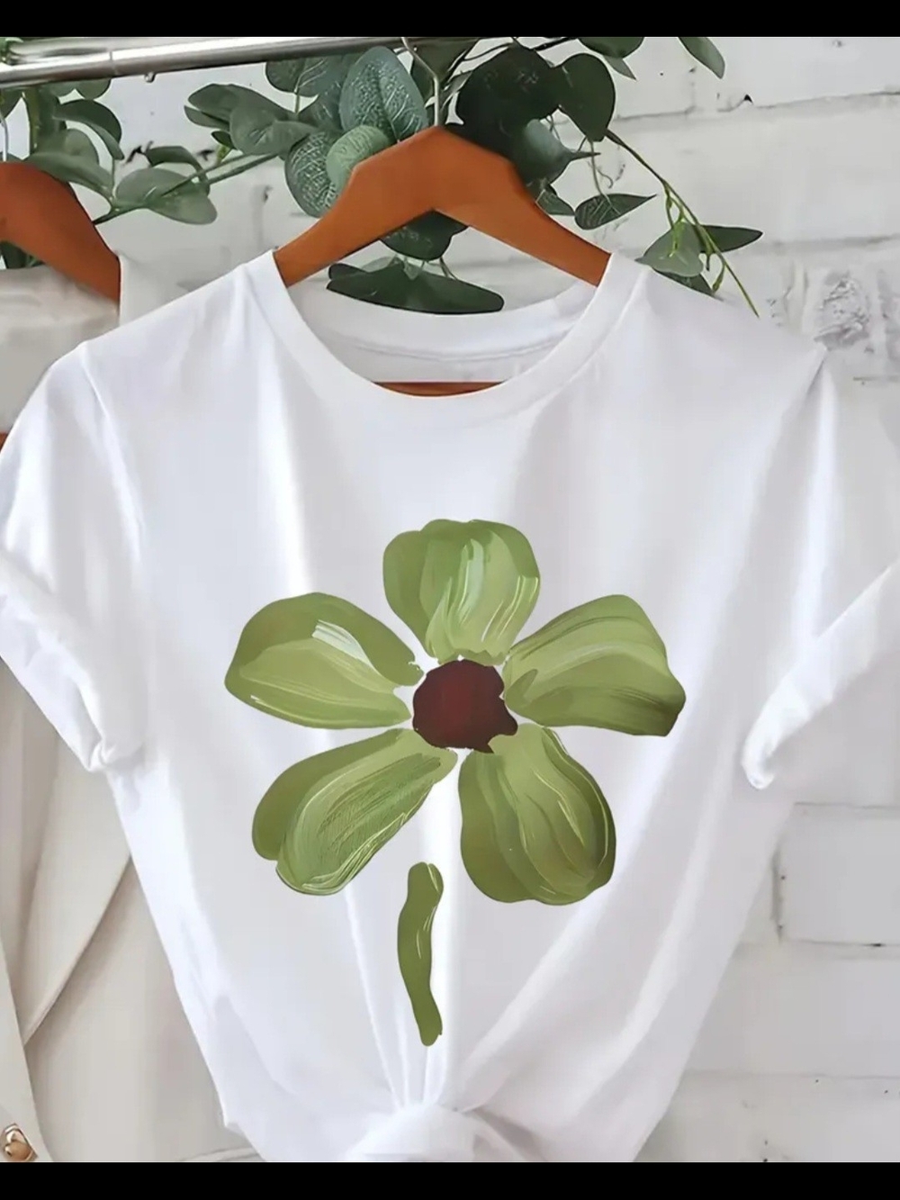 White Short-Sleeve Tee with Green Floral Print